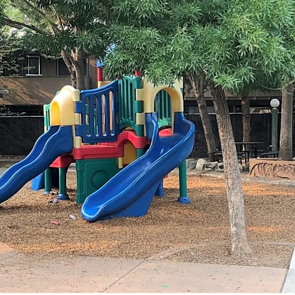a playground with two slides and a monkey bars