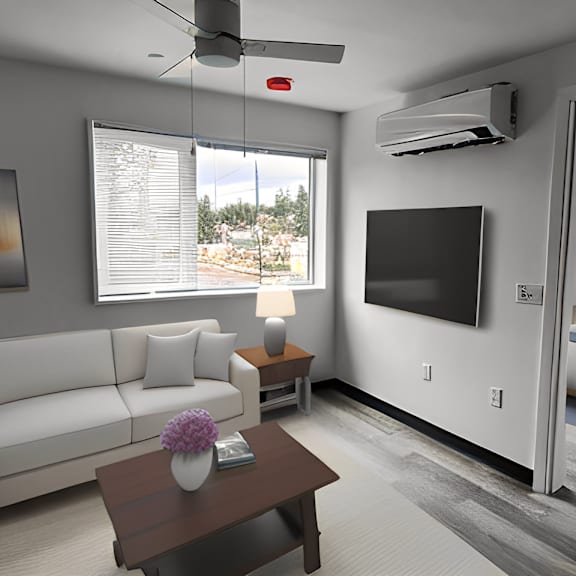 a rendering of a hotel room with a couch and a table