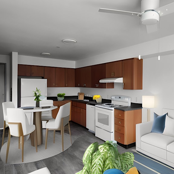 an open living room and kitchen with a white couch and a table
