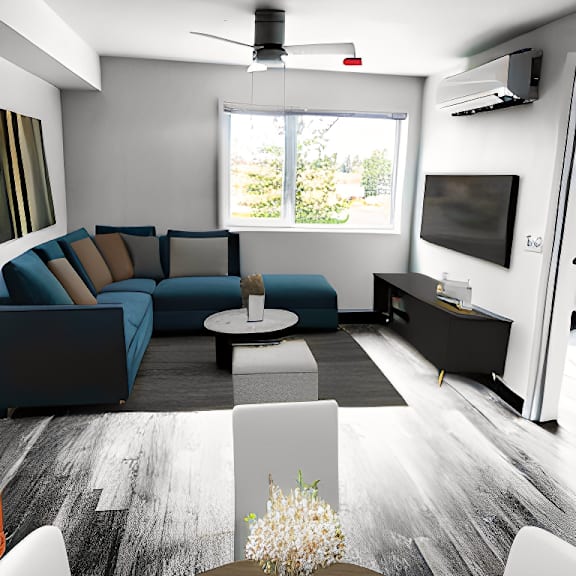 a living room with couches and a table