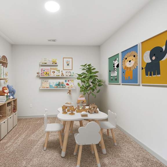 Thumbnail 14 of 21 A room with a white table and chairs, a bookshelf, and a painting of a lion and an elephant on the wall.