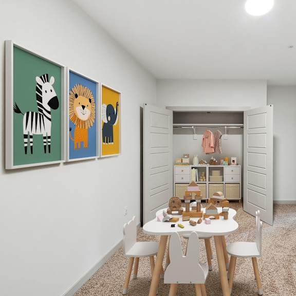 Thumbnail 21 of 21 A room with a white table and chairs, a bookshelf, and a wall with animal paintings.