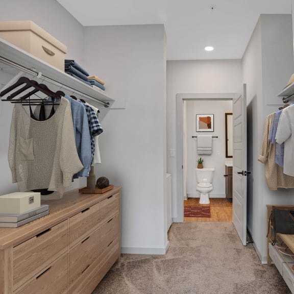 Thumbnail 8 of 11 a walk in closet with white walls and wood cabinets and a closet with a toilet