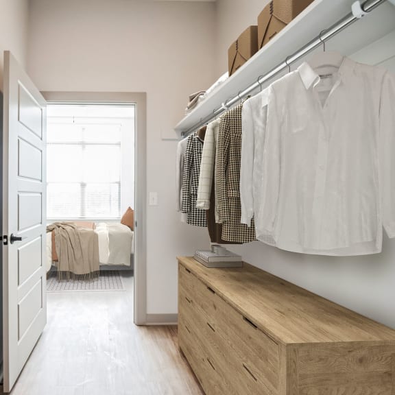 Thumbnail 5 of 6 a dressing room with a closet and a mirror in a 555 waverly unit  at Preston Ridge, North Carolina
