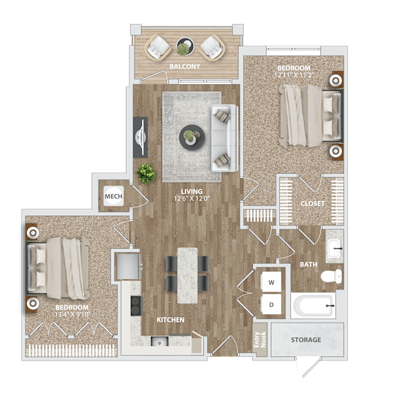 Thumbnail 1 of 2 A floor plan of a house with a living room, dining room, kitchen, and two bedrooms.
