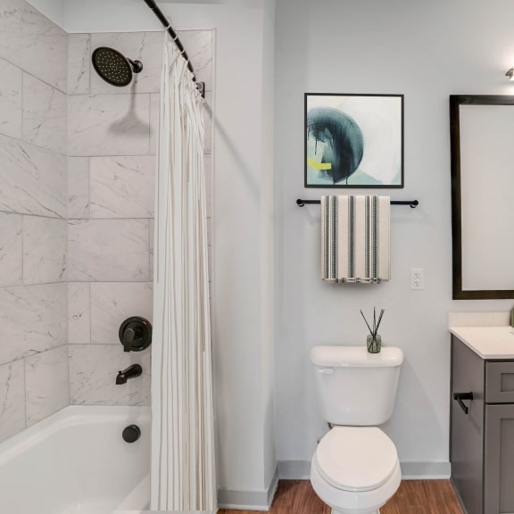 Thumbnail 7 of 12 a bathroom with a shower toilet and sink and a mirror