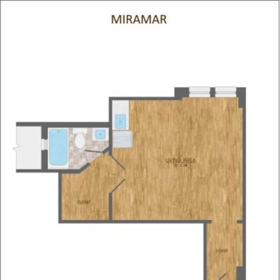 Thumbnail 10 of 11 A floor plan of a studio apartment with a kitchen, living room, and bedroom.