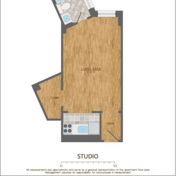 Thumbnail 1 of 11 A floor plan of a studio apartment with a living area, kitchen, and bathroom.