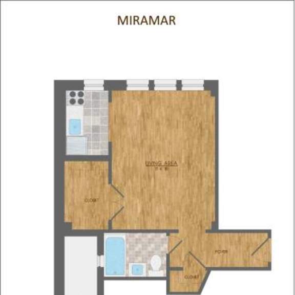 Thumbnail 2 of 11 A floor plan of a studio apartment with labeled rooms and appliances.