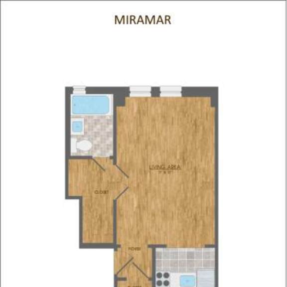 Thumbnail 3 of 11 A floor plan of a studio apartment with a living area, kitchen, and bathroom.