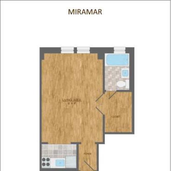 Thumbnail 4 of 11 A floor plan of an apartment named Miramar, with a studio area and a living area.