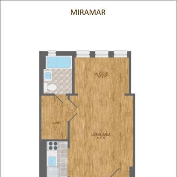 Thumbnail 5 of 11 A floor plan of a studio apartment named Miramar.
