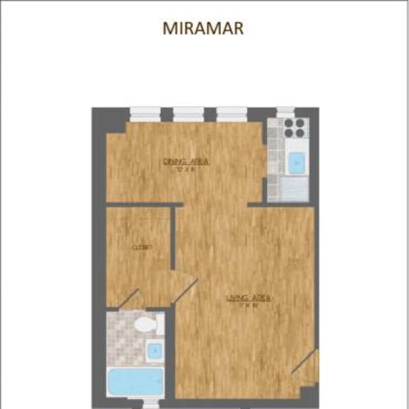 Thumbnail 6 of 11 A floor plan of an apartment named Miramar, with a living area, a studio, and a kitchen.