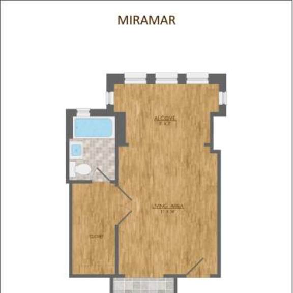 Thumbnail 7 of 11 A floor plan of an apartment named Miramar, with a studio, living room, and kitchen.