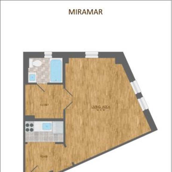 Thumbnail 9 of 11 A floor plan of an apartment named Miramar, with a studio, living area, and kitchen.