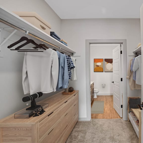 Thumbnail 10 of 12 a walk in closet with a wooden dresser and a white closet door