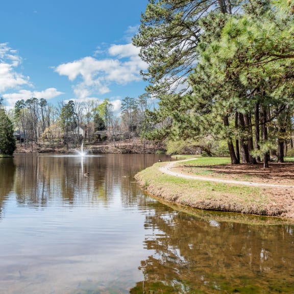 a fountain in the middle of a lake with trees in the background at Brampton Moors, Cary, NC