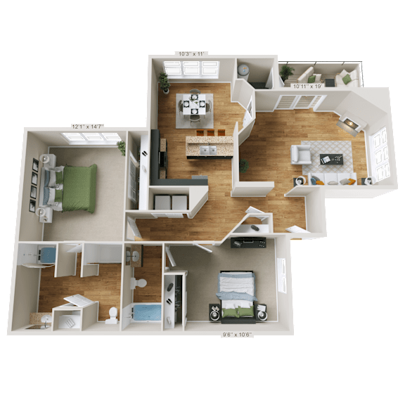 Thumbnail 1 of 17 A 3D floor plan of a house with dimensions and room layout