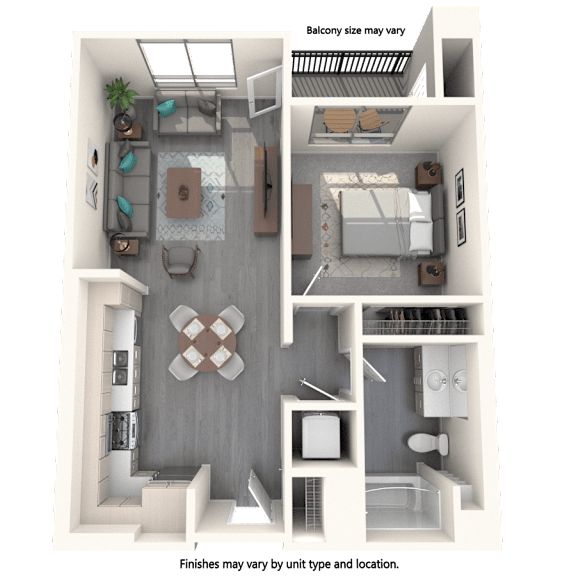 Thumbnail 1 of 3 A 3D floor plan of a small apartment with a note that balcony size may vary and finishes may vary by unit type and location.
