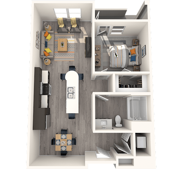 Thumbnail 2 of 3 A 3D rendered image of a small apartment layout.