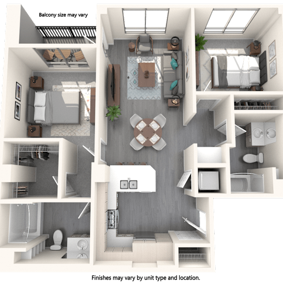 Thumbnail 1 of 3 A 3D floor plan of a house showing a kitchen, living room, and bathroom.