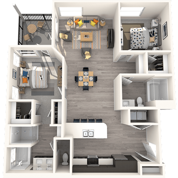 Thumbnail 2 of 3 A 3D floor plan of a small apartment with a kitchen, living room, and bedroom.
