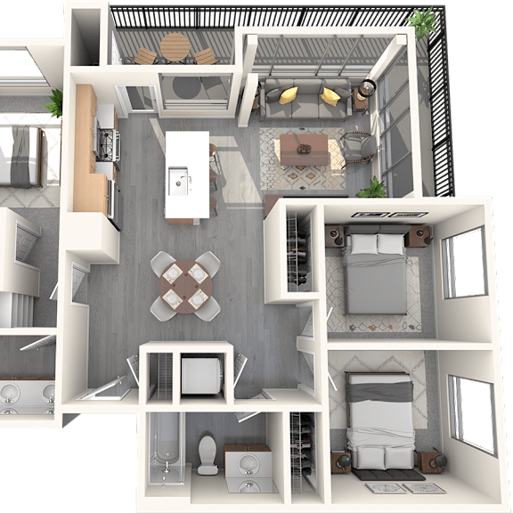 Thumbnail 2 of 2 A 3D floor plan of a house with a kitchen, living room, and bathroom.