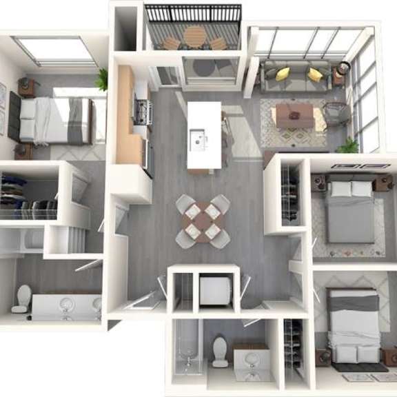 Thumbnail 2 of 2 A 3D floor plan of a house with a kitchen, living room, and two bedrooms.