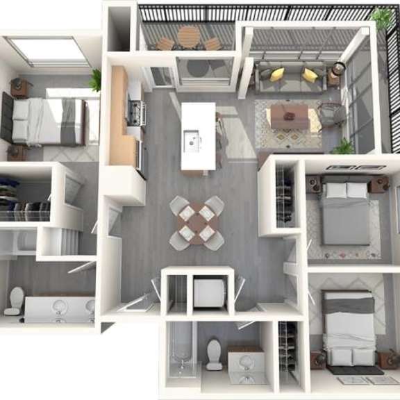 Thumbnail 1 of 2 A 3D floor plan of a small apartment with a kitchen, living room, and bathroom.