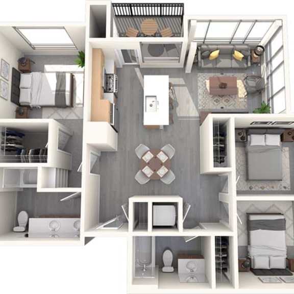 Thumbnail 1 of 2 A 3D floor plan of a house with a kitchen, living room, and two bedrooms.