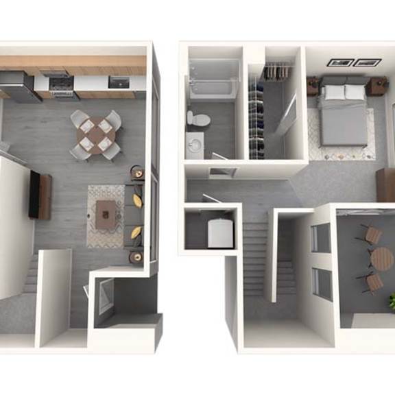 Thumbnail 1 of 3 A 3D floor plan of a two-story apartment with a living room, kitchen, and bathroom on the first floor, and a bedroom with a bathroom on the second floor.