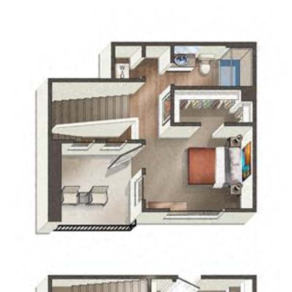 Thumbnail 3 of 3 A floor plan of a two-story residential building with a kitchen, living room, and bedrooms.