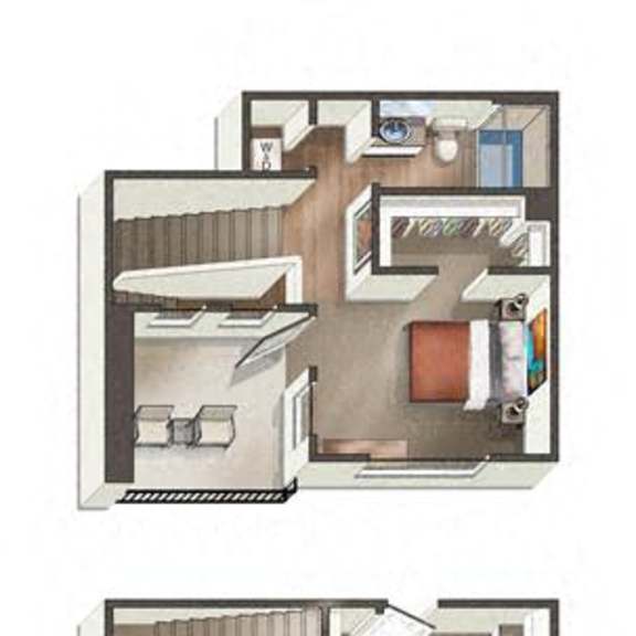 Thumbnail 2 of 3 Two images of a house layout with a kitchen, living room, and bathroom.