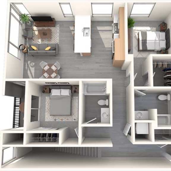 Thumbnail 2 of 2 A top down view of a modern apartment with a kitchen, living room, and bedroom.