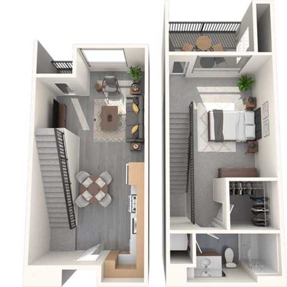 Thumbnail 2 of 4 A top-down view of a small apartment with a kitchen, living room, and bathroom.