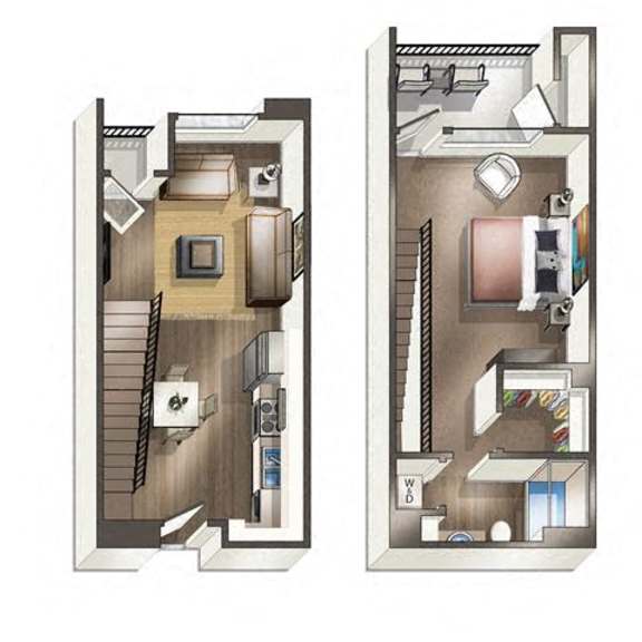 Thumbnail 1 of 4 A floor plan of a two-story apartment with a living room, kitchen, and bedrooms.