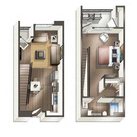 Thumbnail 3 of 4 A floor plan of a two-story apartment with a living room, kitchen, and bedrooms.