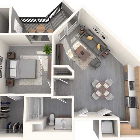 Thumbnail 1 of 5 A 3D floor plan of a house showing a kitchen, living room, and bathroom.