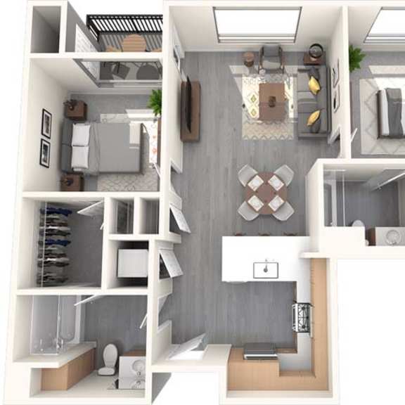Thumbnail 1 of 3 A top-down view of a modern, minimalist apartment with a kitchen, living room, and bedroom.