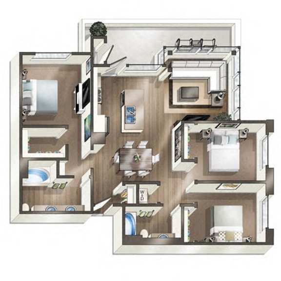 Thumbnail 2 of 3 A 3D floor plan of a house with a kitchen, living room, and bathroom.