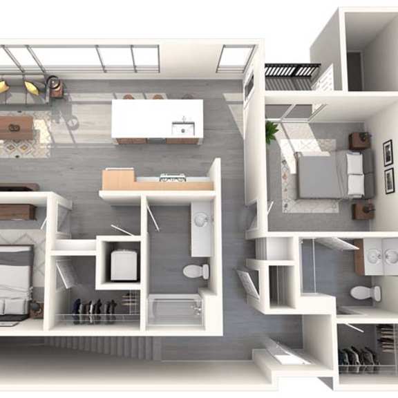 Thumbnail 1 of 3 A 3D rendered image of a modern apartment layout.