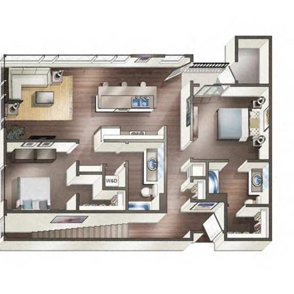 Thumbnail 3 of 3 A floor plan of a house with a kitchen, living room, and two bedrooms.