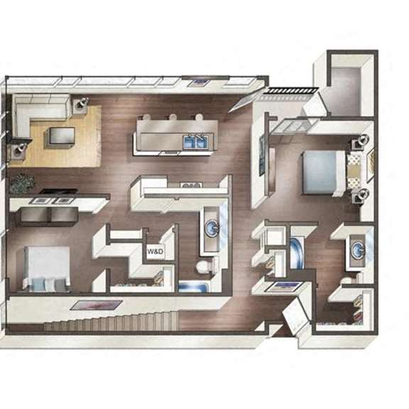 Thumbnail 2 of 3 A floor plan of a house with a kitchen, living room, and two bedrooms.