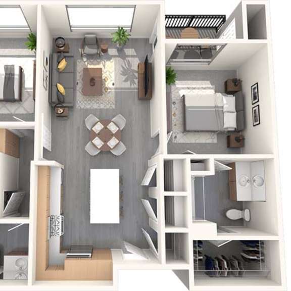 Thumbnail 1 of 11 A top-down view of a modern apartment layout with a kitchen, living room, and bedrooms.