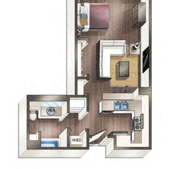 Thumbnail 4 of 4 A floor plan of a house with a kitchen, living room, and bathroom.