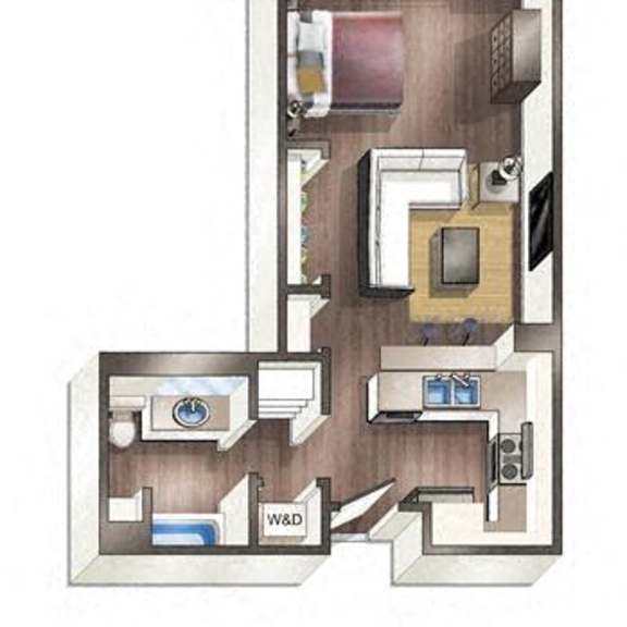 Thumbnail 3 of 4 A drawing of a house with a kitchen, living room, and bathroom.