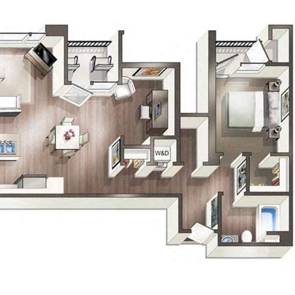 Thumbnail 2 of 2 A drawing of a house with a kitchen, living room, and bathroom.