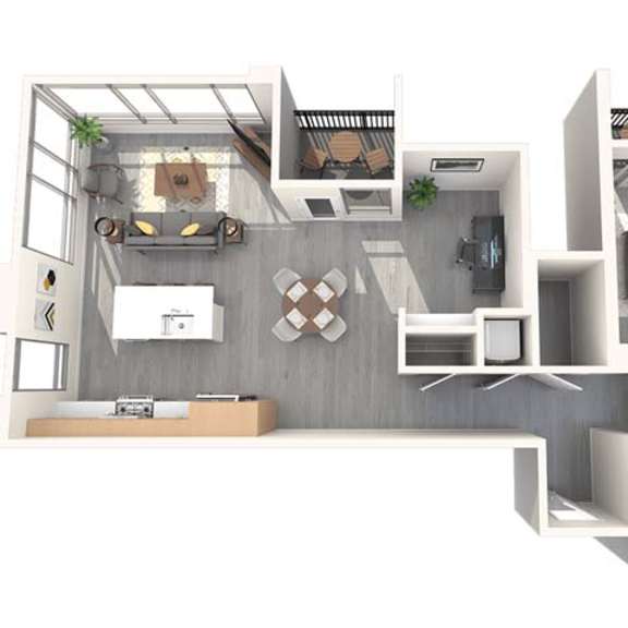 Thumbnail 1 of 2 A 3D rendered image of a modern apartment layout.