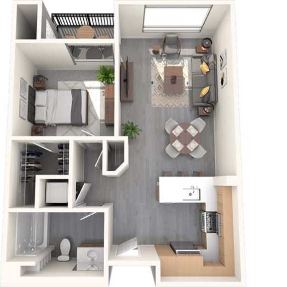 Thumbnail 1 of 9 A top-down view of a small apartment with a kitchen, living room, and bathroom.