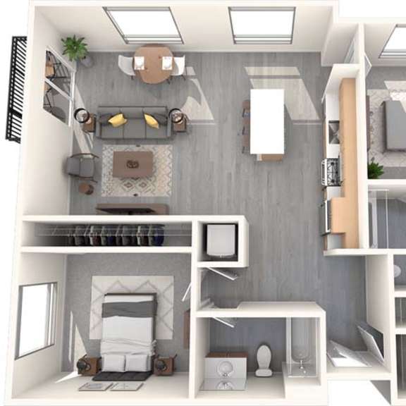 Thumbnail 1 of 4 A 3D floor plan of a small apartment with a kitchen, living room, and bedroom.